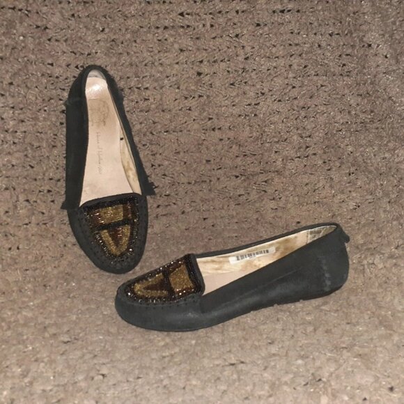 HOUSE OF HARLOW-1960 Millie-Black Suede Beaded Moccasins-Size 36-Excellent - Picture 1 of 7
